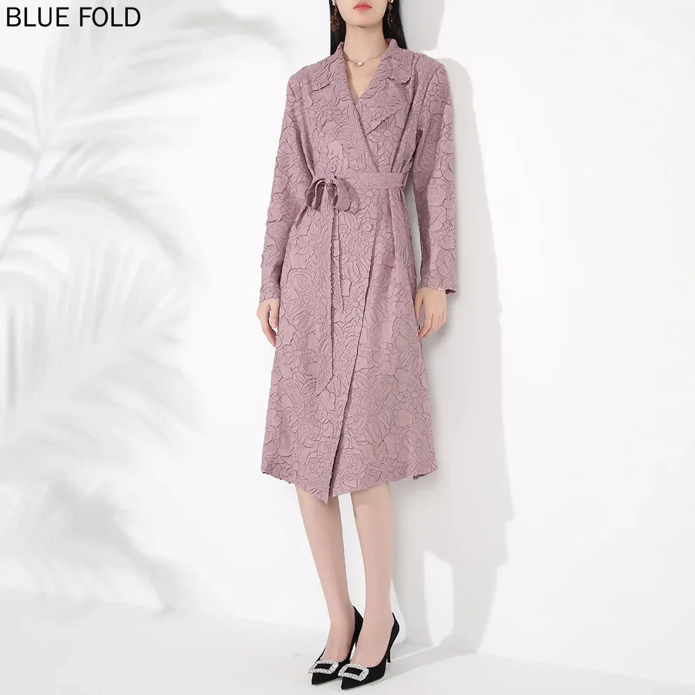 MIYAKE Pleated High-end Suit Collar Double-breasted Heavy Embossed Trench Coat for Women Lace-up Mid Length PLEATS Coat