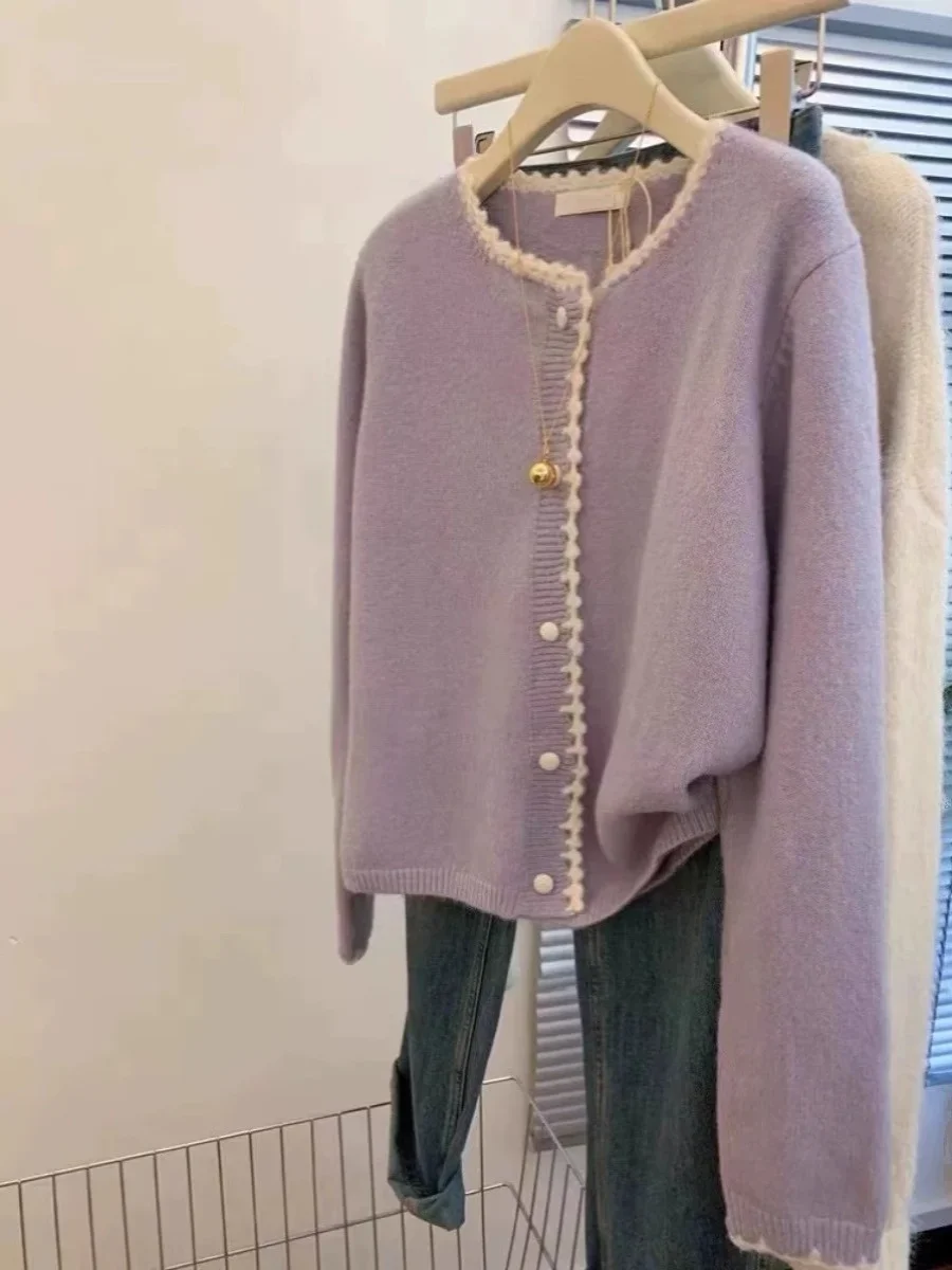 High Quality Soft Knitted Jacket Sweet Elegant Women Long Sleeve Sweater Coat Solid Purple Cardigan Lace Knit Korean Style Tops