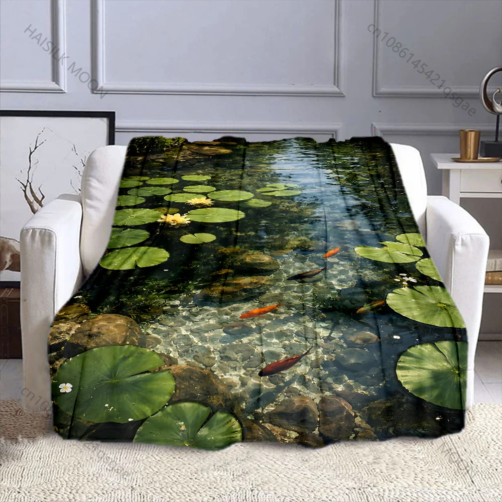 

1PC Clear Pond Lily Pads Koi Fish Print Adult Children Warm Blankets Home Travel Car Soft Comfortable Suitable for All Seasons