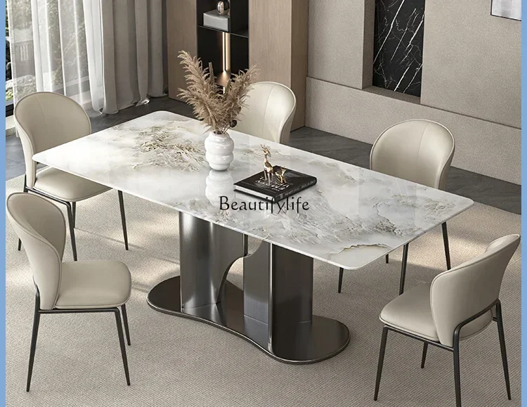 

Italian Light Luxury Natural Marble Dining-Table Rectangular High-End Dining Table