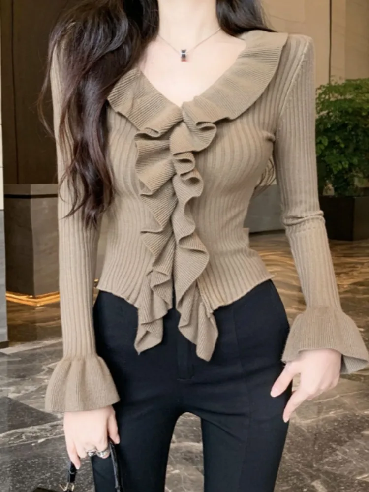 

Slim Fit Knitwear V-Neck Long Sleeve Women's Inner Wear Top Fashionable Pure Desire Style Autumn Winter Season Short Length