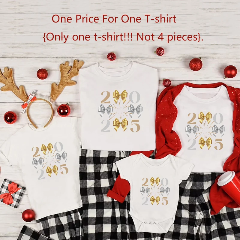 2025 Bow Pattern Family Matching Shirt Happy New Year 2025 Family Crew Ouftits Father Mother Girls Boys Tshirt Baby Romper