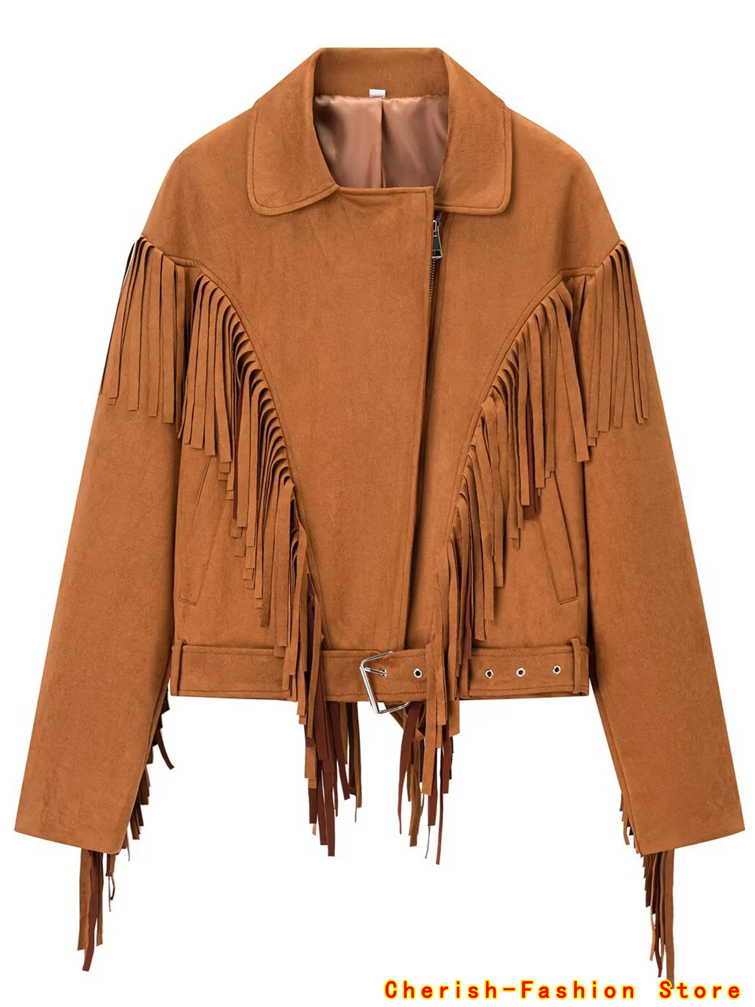 

2025 Women Fashion Long Sleeved Zipper Loose Outerwear Lady Autumn Chic High Street Jackets Brown Tassel Cropped Suede Jacket