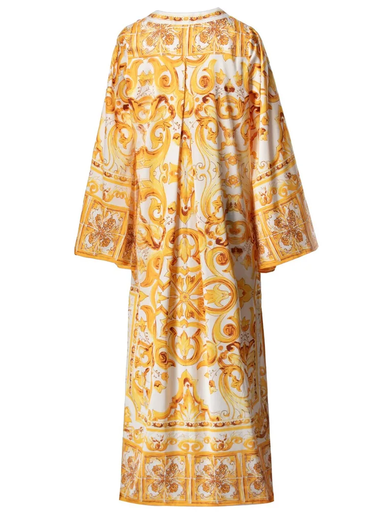 HIGH QUALITY Luxury Designer Inspired Maxi Dress Runway Fashion Summer Women Yellow Porcelain Printed Kaftan Dress  Plus Size