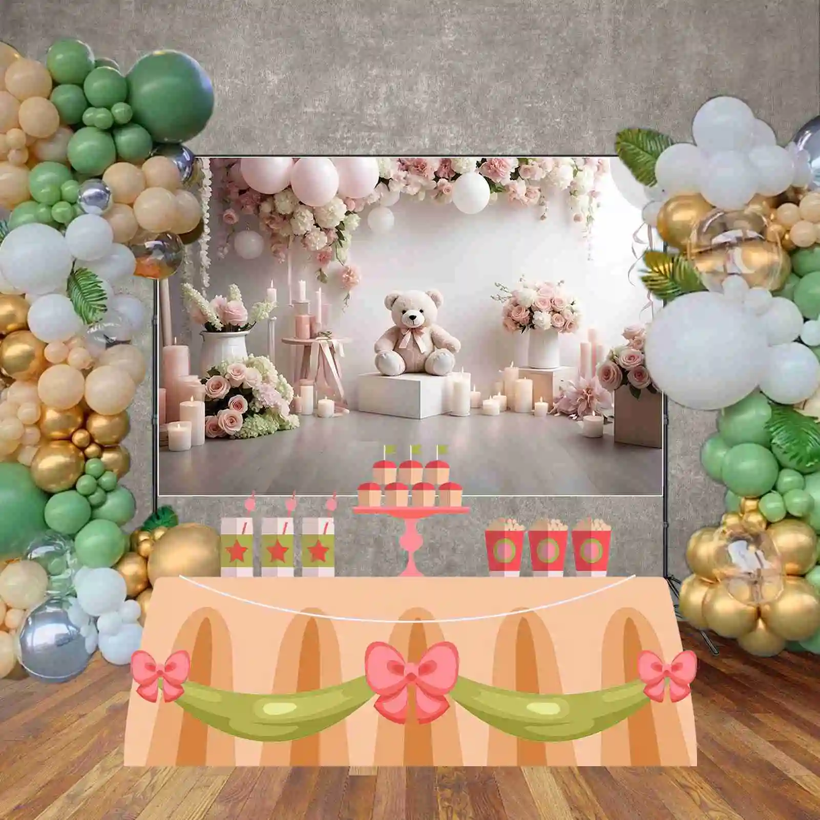 Moon. qg Indoor weiß rosa ersten Geburtstag Hintergrund Jungen Blume Teddybär Ballon Hintergründe Party Dekoration Fotografie Requisiten
