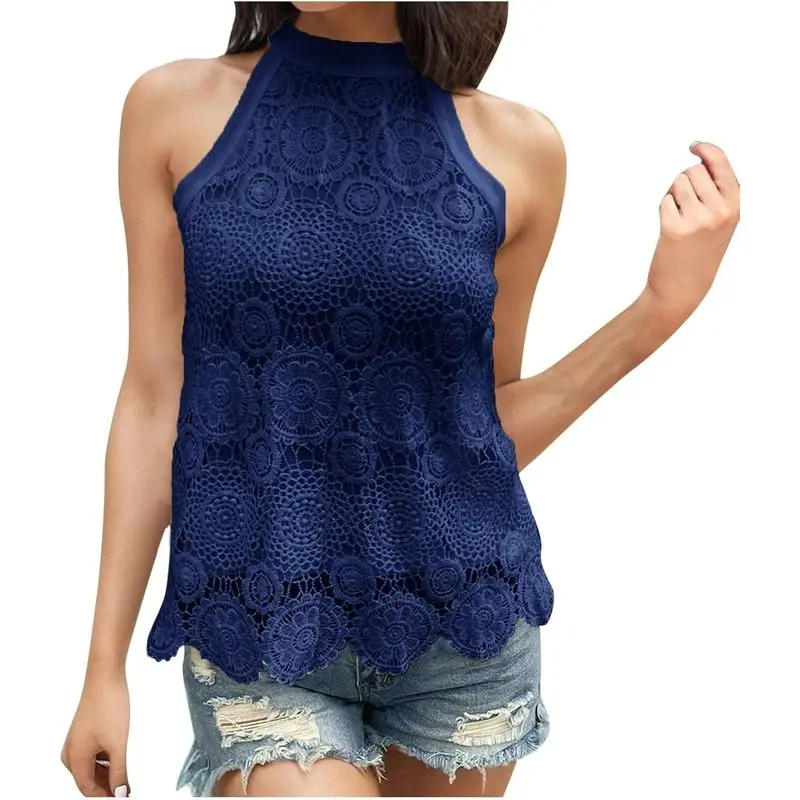Elegant Floral Lace Tops Women Hollow Out Cropped Sleeveless Shirts Solid Color Loose Fit Halter Tops Navy, Lar