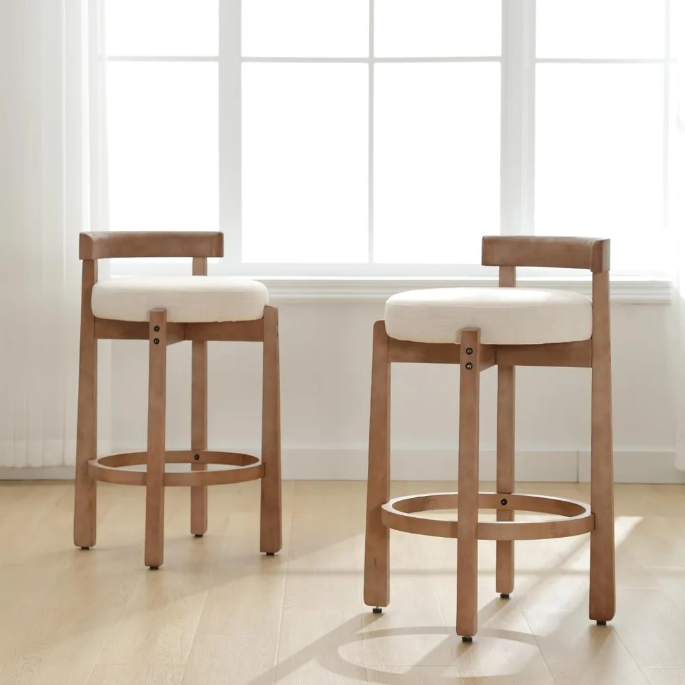 Mid-Century Bar Stools 1 PC, 26.5 Inch Linen Counter Height Upholstered Barstools Bar Chairs with Solid Wooden Legs