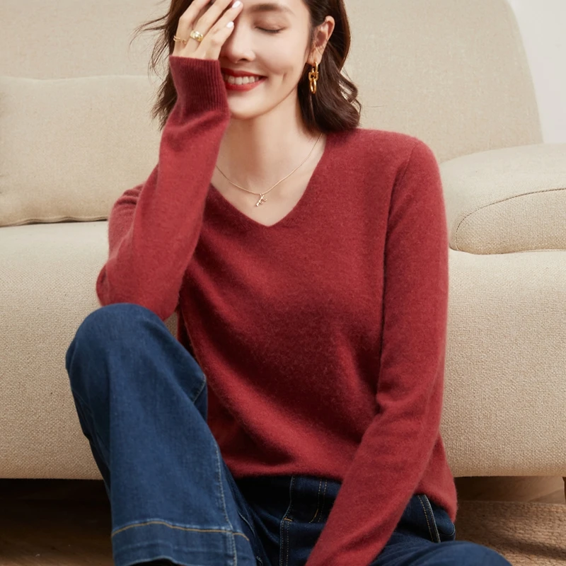 High-End Ready-To-Wear 100% Cashmere Knitted Base Shirt For Women Long-Sleeved Top Versatile V-Neck Loose Sweater For Layering