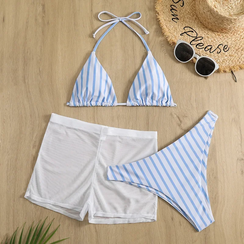 Costume da bagno bikini perizoma a righe da donna con pantaloncini in rete Costumi da bagno da donna Copricostume da spiaggia Costumi da bagno Biquini brasiliano