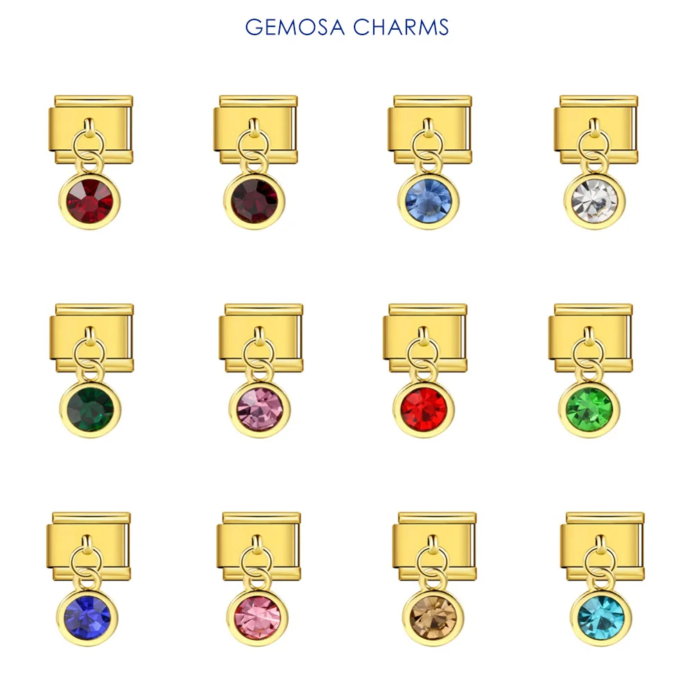 GEMOSA Gold Color 12 Birthstone Colorful Round CZ Pendant Italian Charm Link Fit 9mm Stainless Steel Bracelet Making DIY Beads