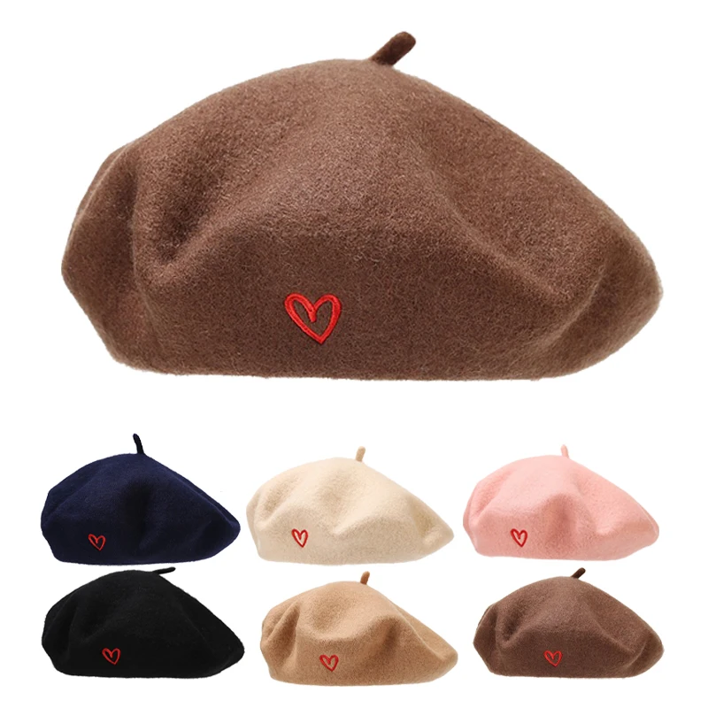 

Woolen Berets for Women Girls Love Embroidery Fedoras British Retro Painter Hat Thicken Warm Beret Cap Street Sweet Newsboy Caps