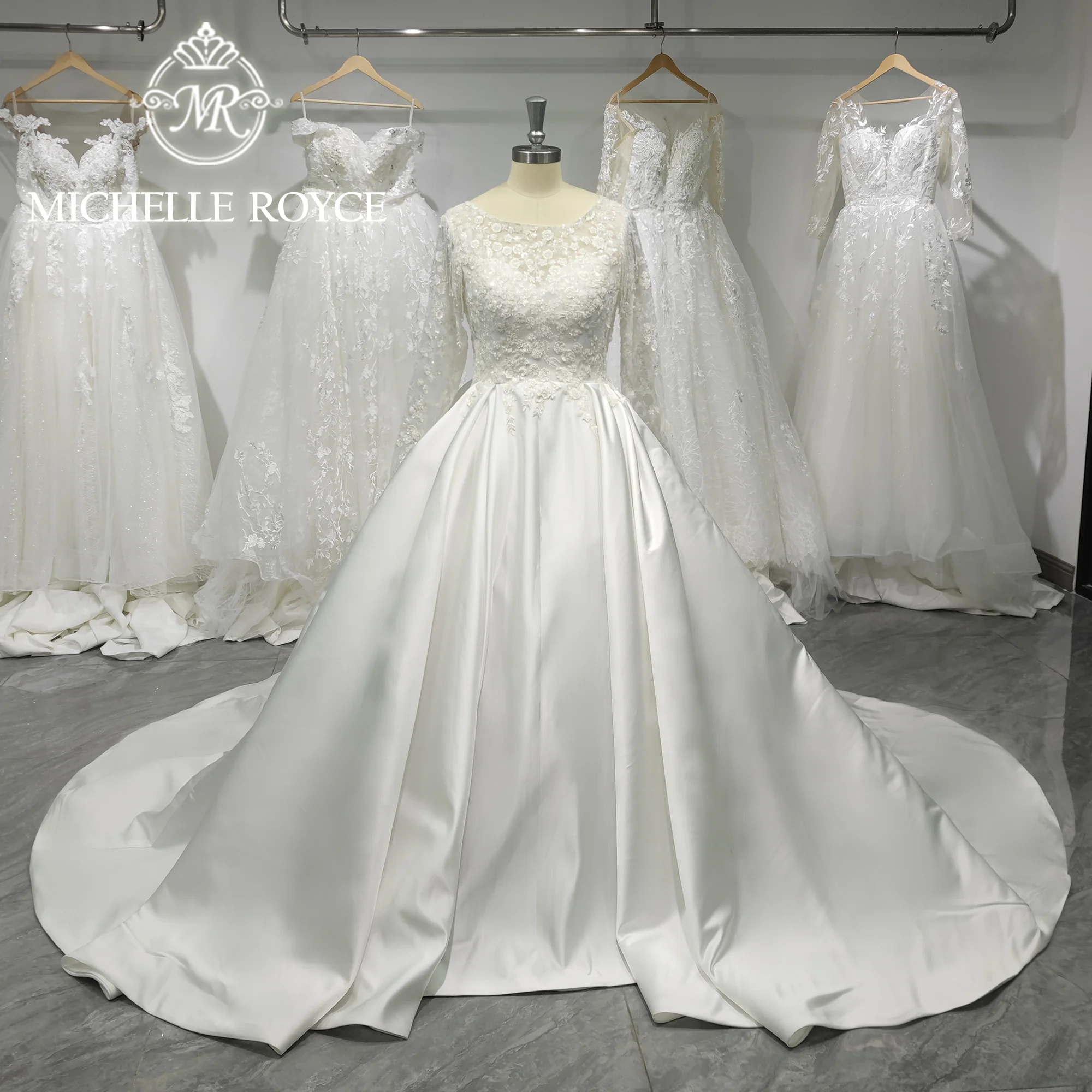 

Michelle Royce A-Line Wedding Dress 2024 Charming SCOOP Illusion Long Sleeve TASSEL Beading Satin Wedding Gown Vestido De Novia