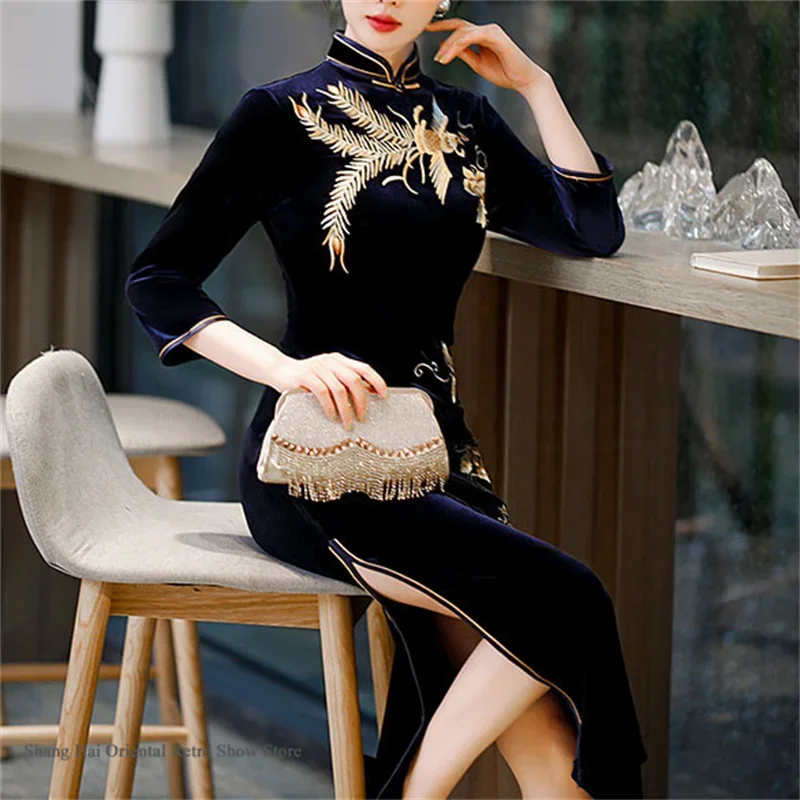 

Винтажное классическое китайское платье: элегантное, сексуальное, приталенное, с разрезом, традиционное вышитое бархатное длинное ципао/чонсам больших размеров для женщин