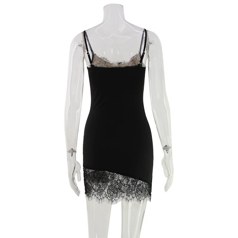 Sommerliches schwarzes Spitzenkleid mit transparenter Taille, schmal geschnitten, ärmellos, für den Alltag und Partys, Spaghettiträger, Mini-Kleid in Schwarz – Detail 8