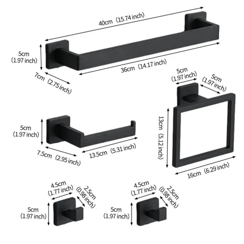 KYCOR-Stainless Steel For Bathroom Hardware Accessories Set 5 Pieces Towel Racks Wall Mounted Black Towel Bar 15.74In