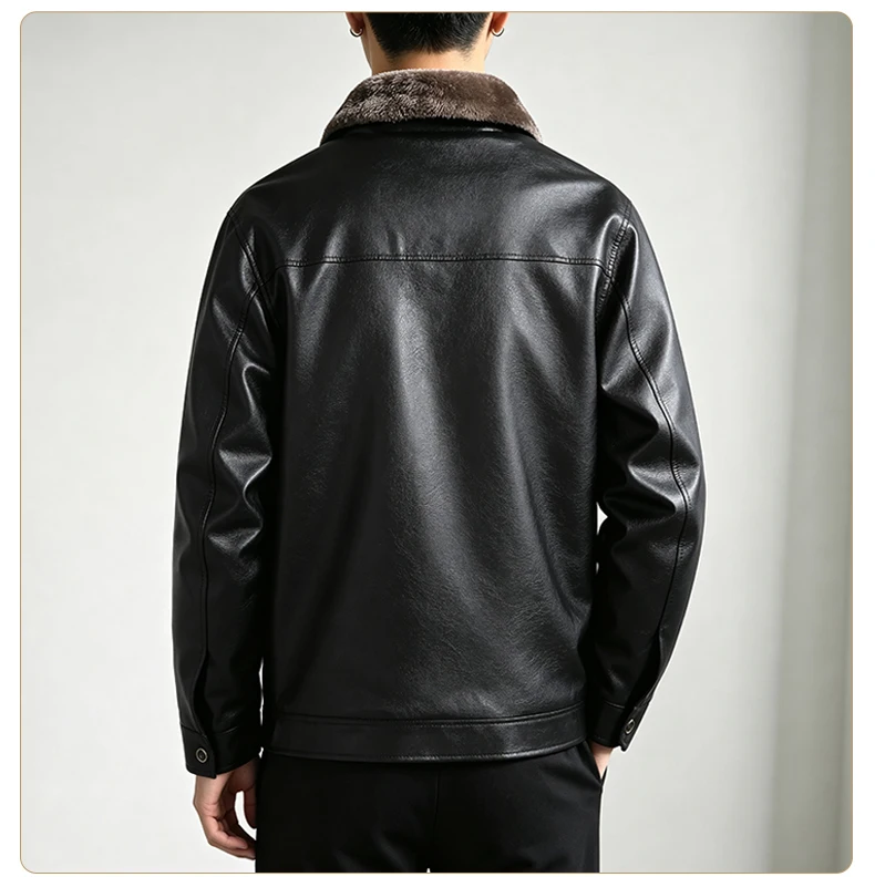 Men Fleece Lined Faux Leather Jacket Lapel Collar Zipper Up Long Sleeve Slim Fit Warm Winter Casual Business Male Outerwear Coat