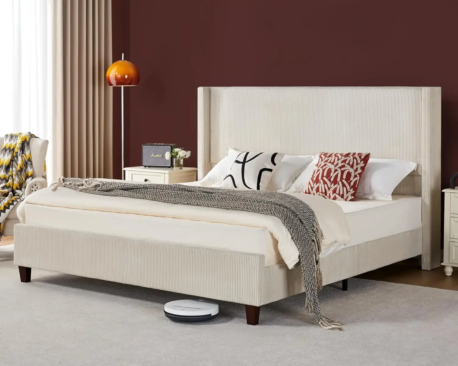 Corduroy Estofados Plataforma Cama Frame, Canal Vertical, Cabeceira Adovada, Ripas De Madeira, Wingback, 50,8"