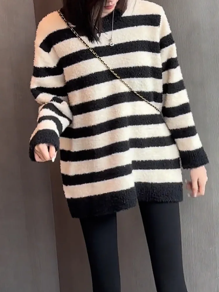 

Модный полосатый свитер с круглым вырезом, премиум-качество, большие размеры, универсальный топ, осень 2025, новинка, шерстяная смесь