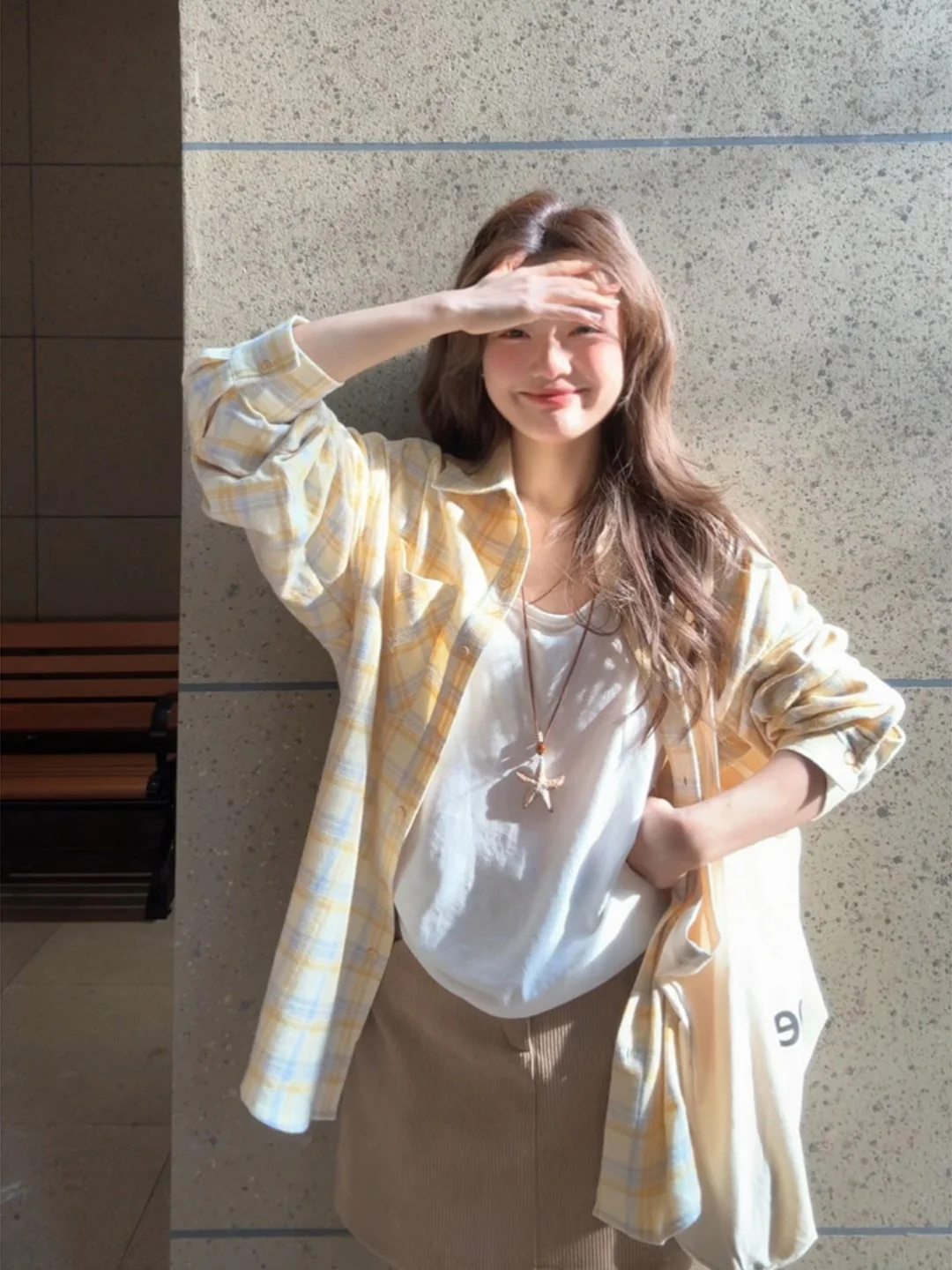 

Yellow Plaid Embroidered Casual Shirt Women's Spring Summer Loose Versatile College Style Trendy Button up Long Sleeve Neck