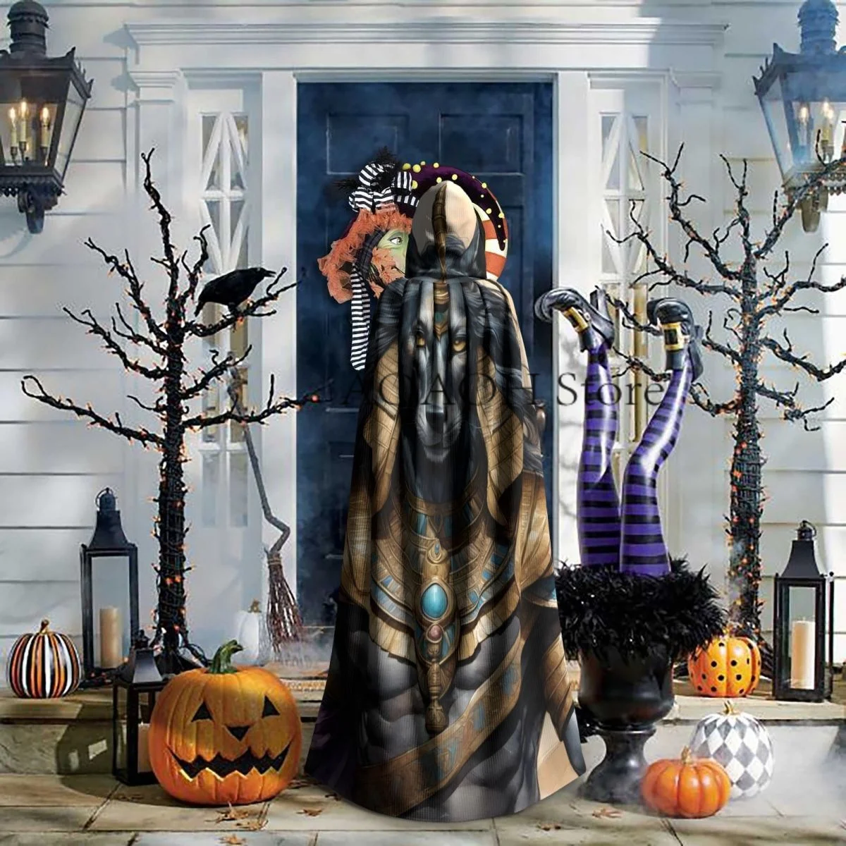 Egyptian God Anubis Art Witch Cloak Hooded Cosplay Costume Halloween Adult Long Party Cape
