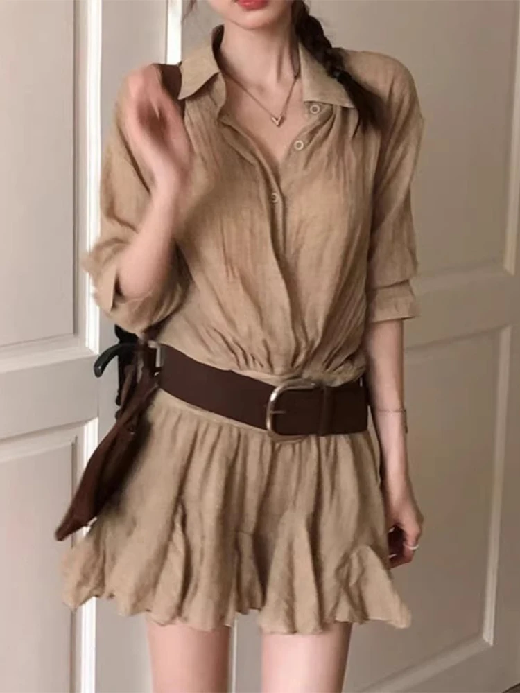 Clothland Women Sweet Solid Shirt Dress Belt Half Sleeve One Piece A Line Preppy Style Cute Fashion Mini Dresses QE208