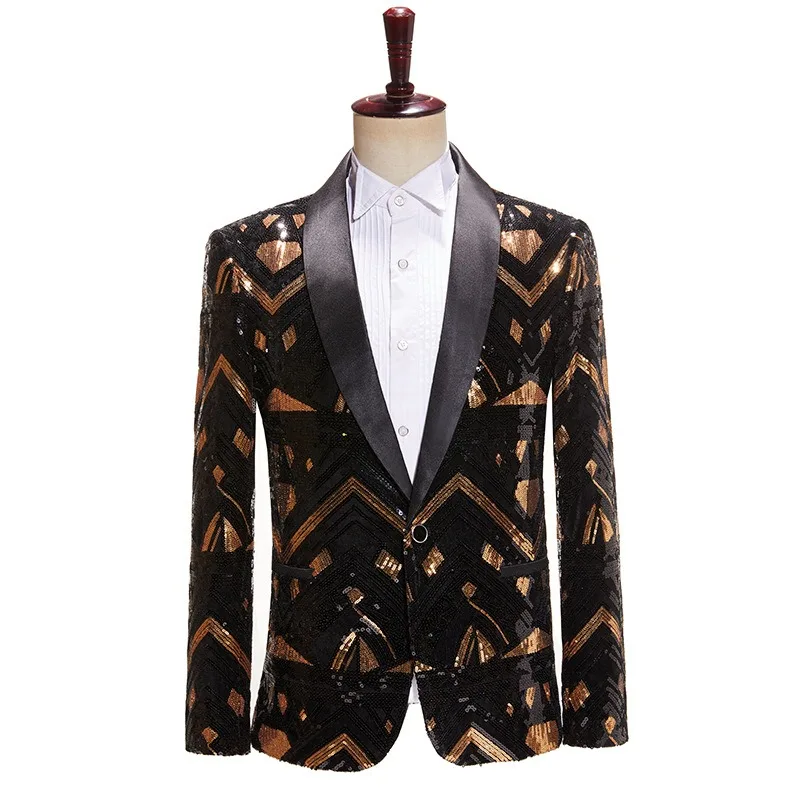 

Men Suit Lapel Collar Black Gold Sequins Vogue Suits Coat Stage Perform Singer Catwalk Anchor Shining Gown Mens Blazer Jacket