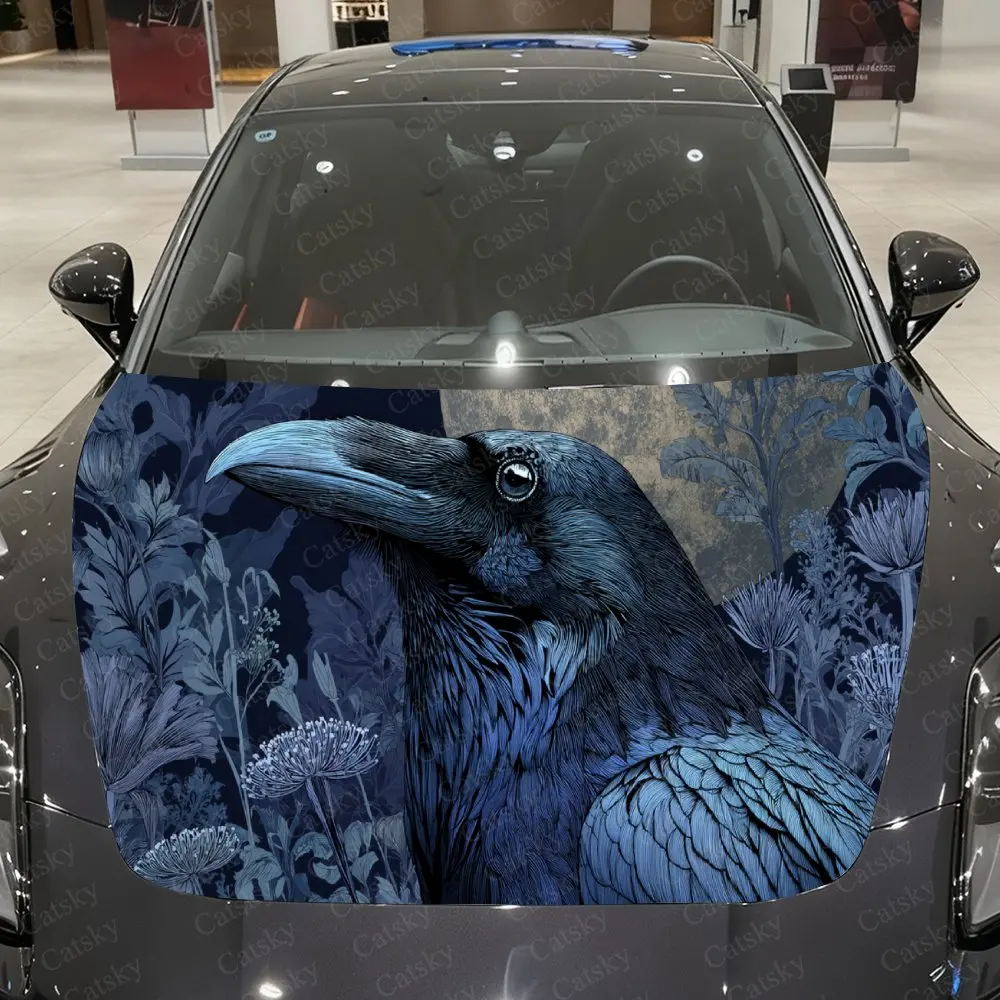 Car Decal Textural Raven, Blue Tones Floral Foliage & Mysterious Occult-Gothic Car Hood Sticker, Waterproof Self - Adhesive PVC