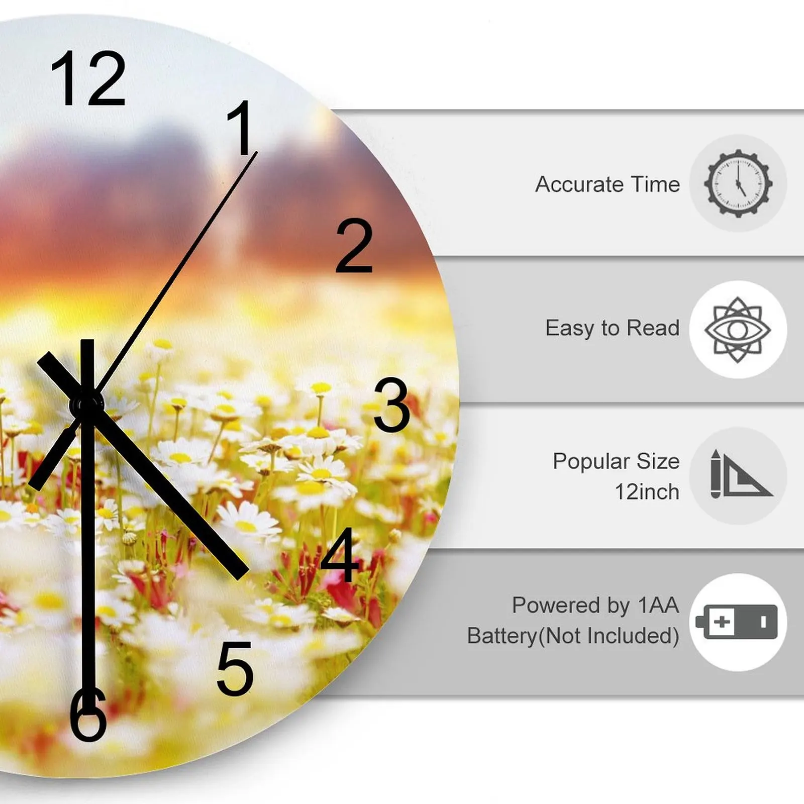 Workshop Wall Clock Nature Breathtaking flower Clocks 12 inch Mute Fashion Round Multicolor Wall Mounted Novelty