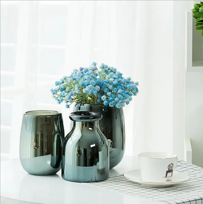 Furniture Glass Vase Desktop Ceramic Plant and Flower Geometric Home Simulation Green Flower Pots Used with Artificial Flower