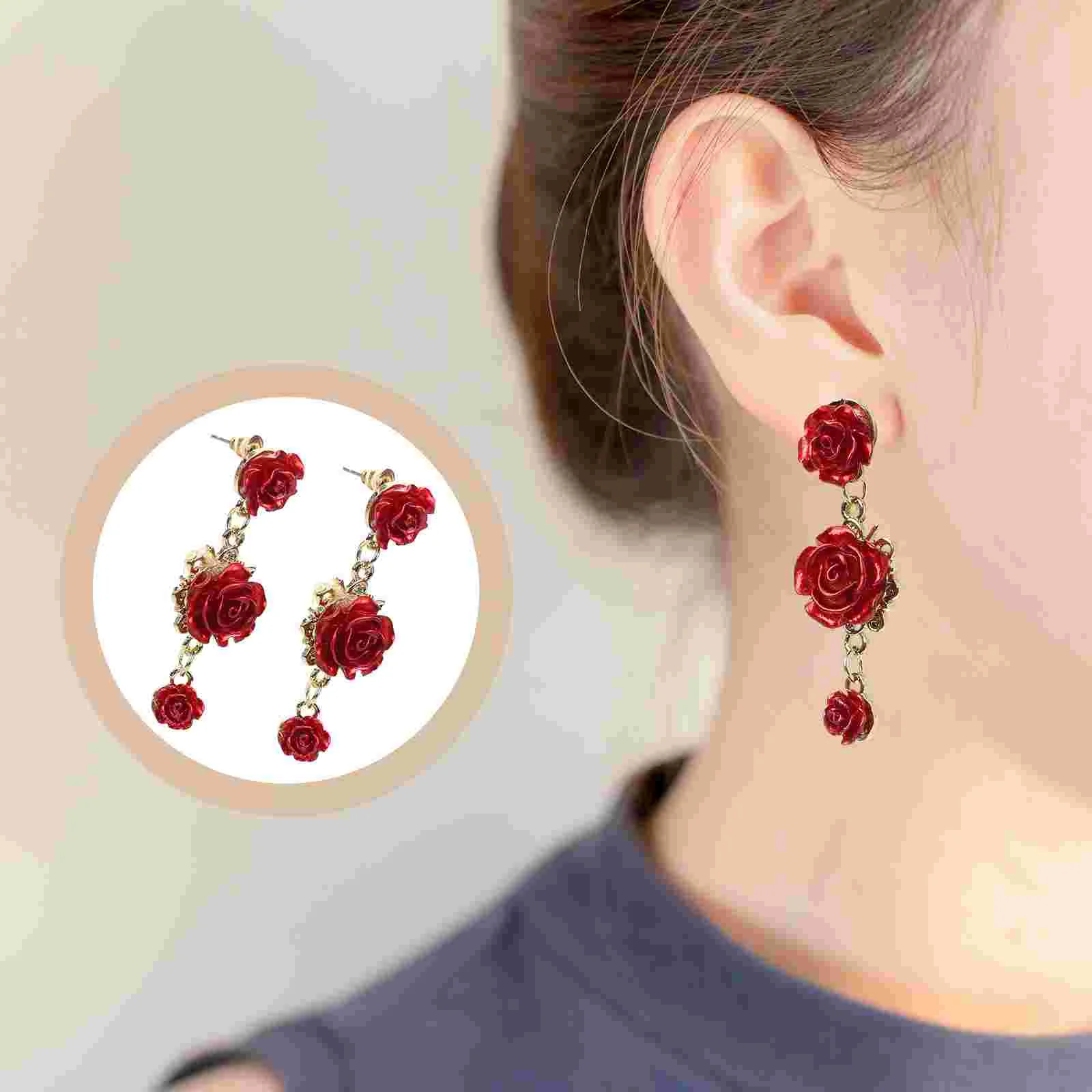 

Rose Earrings for Women Trendy Aesthetic Flower Red Dangle Stud Vintage Unique Jewelry Water Drop