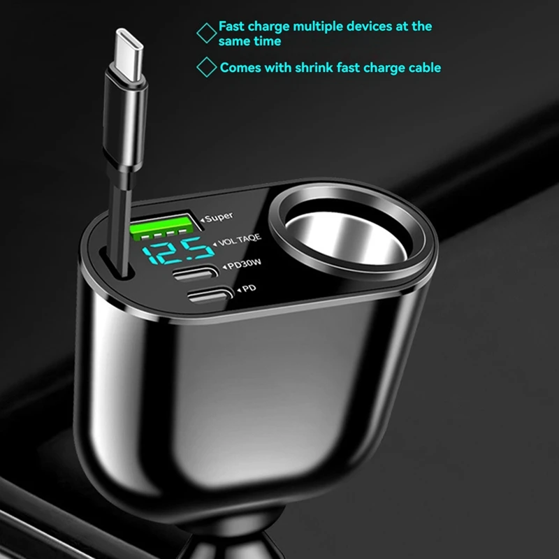 Car Charger Folding Retractable Cable PD30W+SUPER Car Charger Fast Charge 100W Suitable For All Models