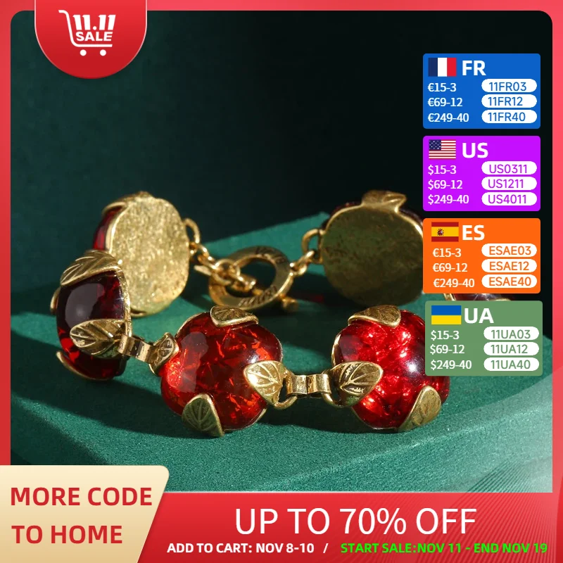 

Vintage Jewelley Round Red Glass Bracelets Woman Transparent Charm Gold Color Leaf Antique Style Gift Girls Luxury Brand 2025