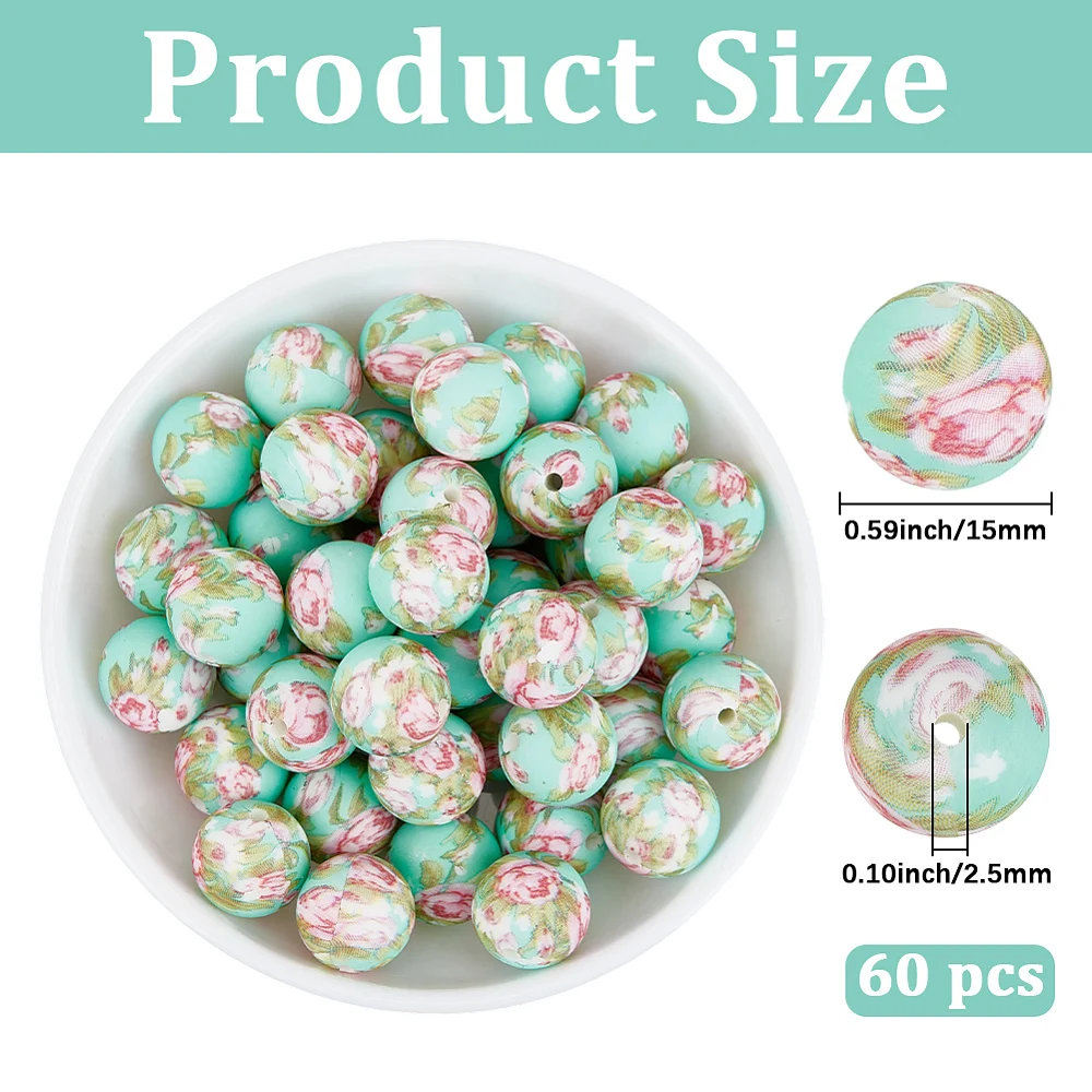 1 Box 60PCS 15MM Green Flower Beads with Hole Spring Floral Print Round Focal Pastel Loose Spacer Bead for Jewelry Making