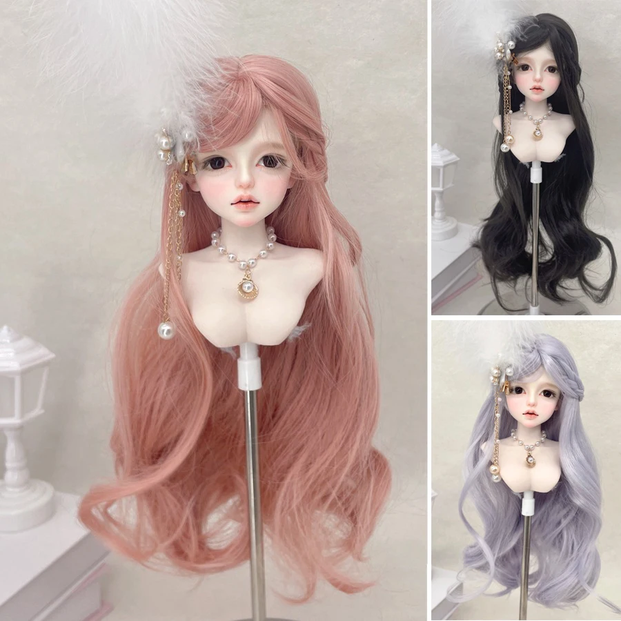 BJD/MDD Doll Wig Flat Bangs with Braids Long Roll Wig Brown Black DIY Wig Cover Doll Wig Accessories for Girl Dressing Up Toys