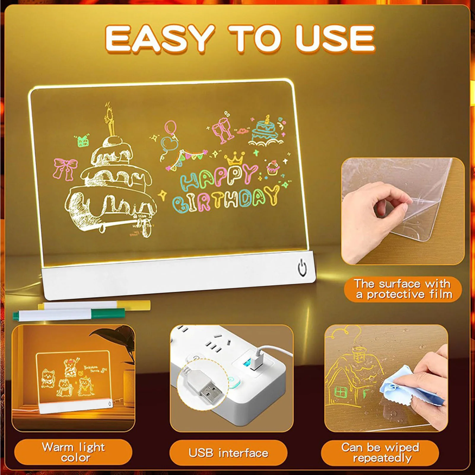 

Светодиодная доска для заметок 13,8x10 дюймов, 7 RGB-подсветки, 4 динамических режима, подсветка акриловой доски для сухого стирания с 7 маркерами, подставка для подвешивания цепочки