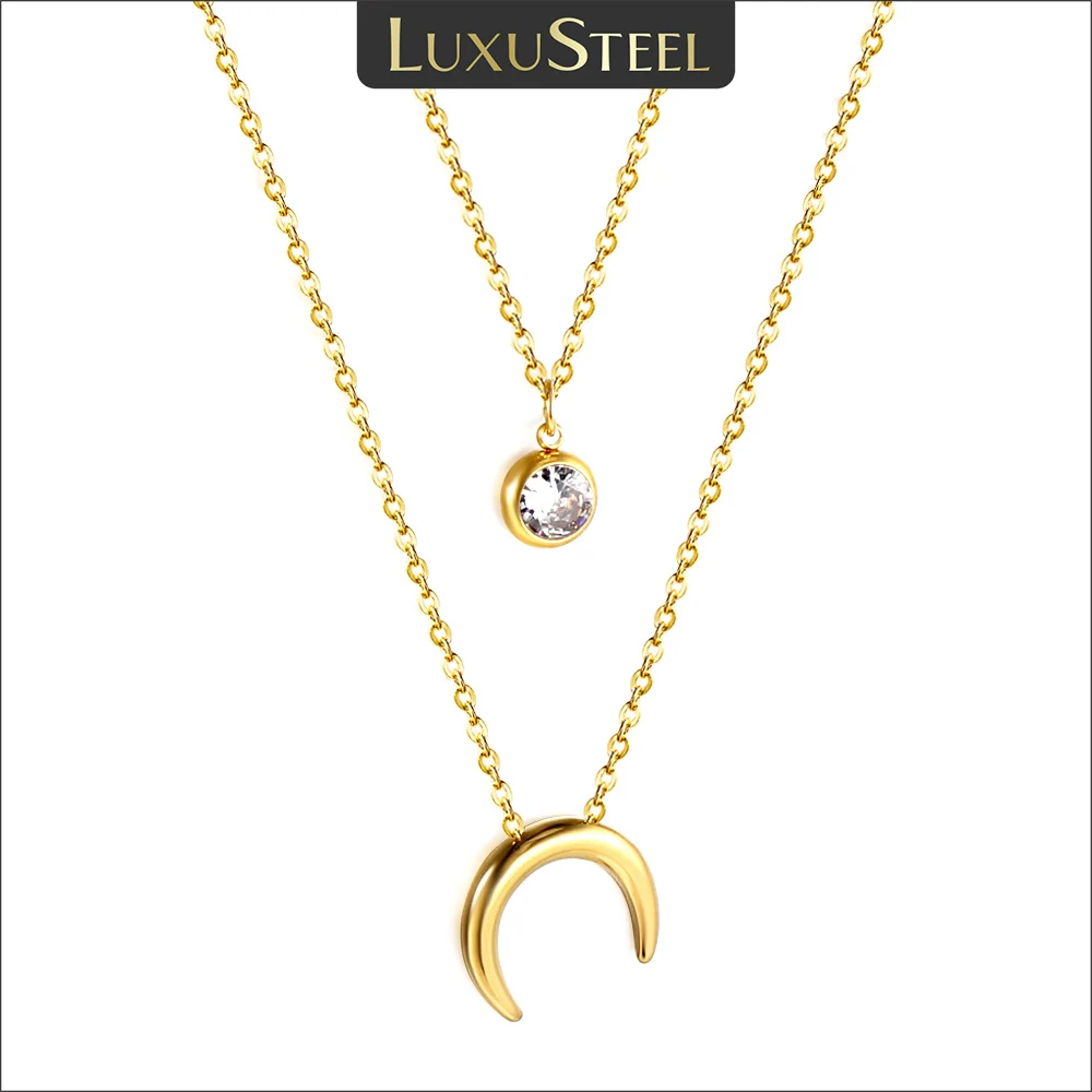 LUXUSTEEL Minimalist Double Layer Chain CZ Crystal Moon Pendant Necklace For Women Stainless Steel Cubic Zirconia Choker Korean