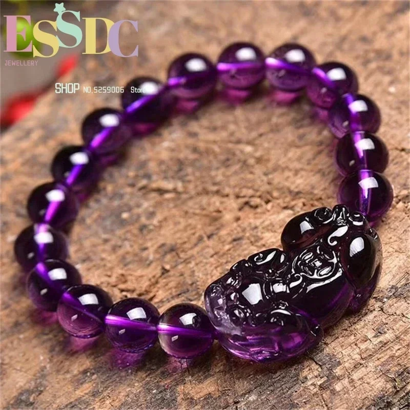 Hand-Carved Natural Amethyst  Single Circle  Men Women Purple Crystal Brave Round Bead Bracelet Jewelry Wholesale