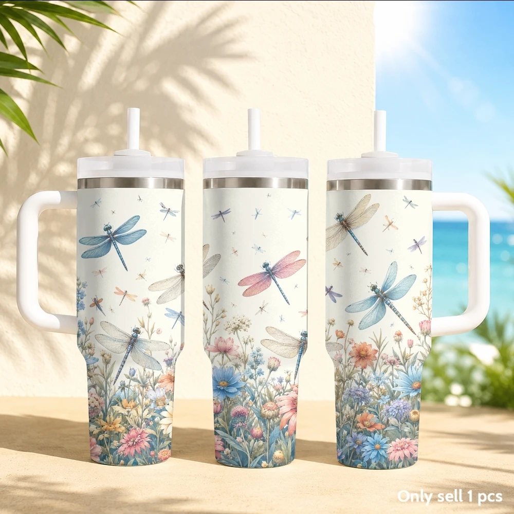 Bee-eating Dragonfly Vacuum Flasks 40oz Stainless Steel Insulated Tumbler with Handle & Straw Leakproof Travel Mug