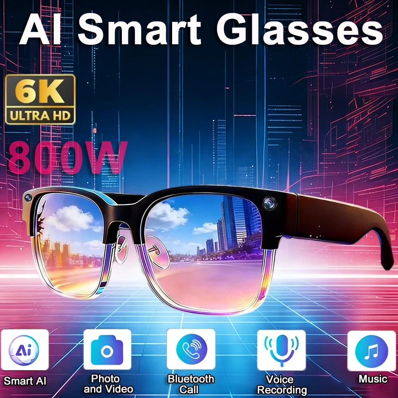 

Умные очки с камерой 800W Pixel 4K HD, AI-переводом, записью видео, воспроизведением фото и музыки, голосовыми вызовами, для мужчин и женщин, для мотоциклистов