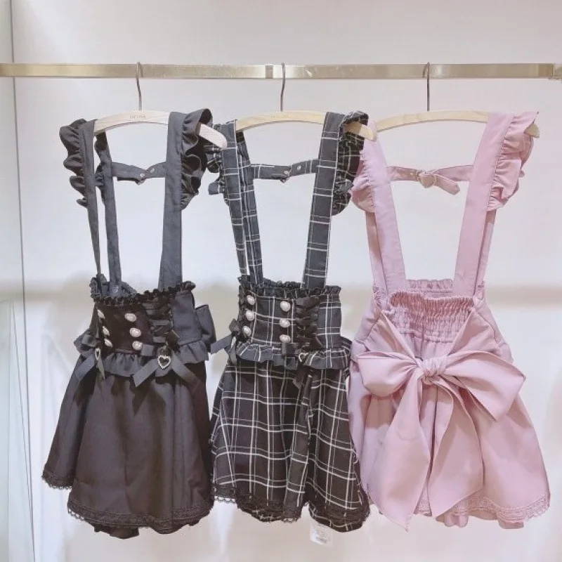 Japanese Gothic Lolita Ribbon Short Suspender plaid Skirt Girls Sweet Cute Lace A-Line Mini Skirts summer2024 black solid kawaii