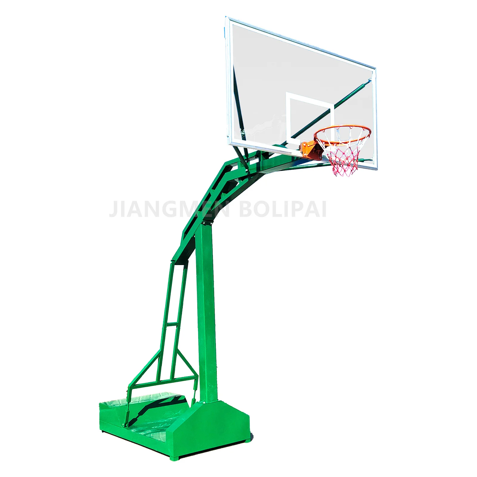 แป้นบาสเก็ตบอลแบบปรับได้สำหรับใช้งานกลางแจ้ง โครงโลหะแข็งแรง ขอบแป้นทำจากกระจกนิรภัย ราคาโรงงานถูก พร้อมคุณสมบัติเคลื่อนย้ายได้