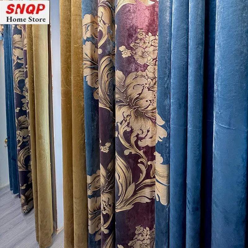 

Custom Size！！Vintage Palace Blue Velvet Splice with Thick Shading Curtains for Living Room Bedroom Modern Luxury Elegant Decor