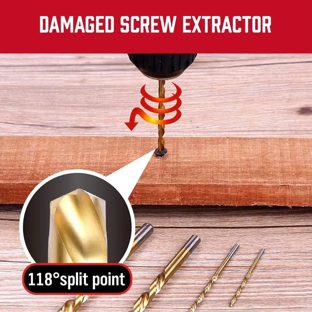 

E5 10Pcs Bolt Extractor Drill Bit Set Cobalt Left Hand Drill Bit Extractors Set with Metal Case Tool Kit for Broken Bolt Removal