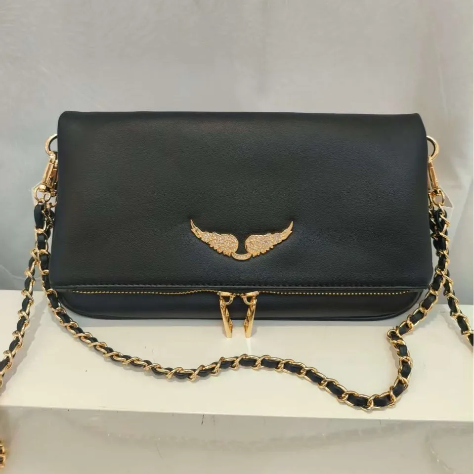 

2026 New Gothic Rhinestone Wing Shoulder Bag Edgy PU Leather Crossbody Metal Chain Studded Purse for Women