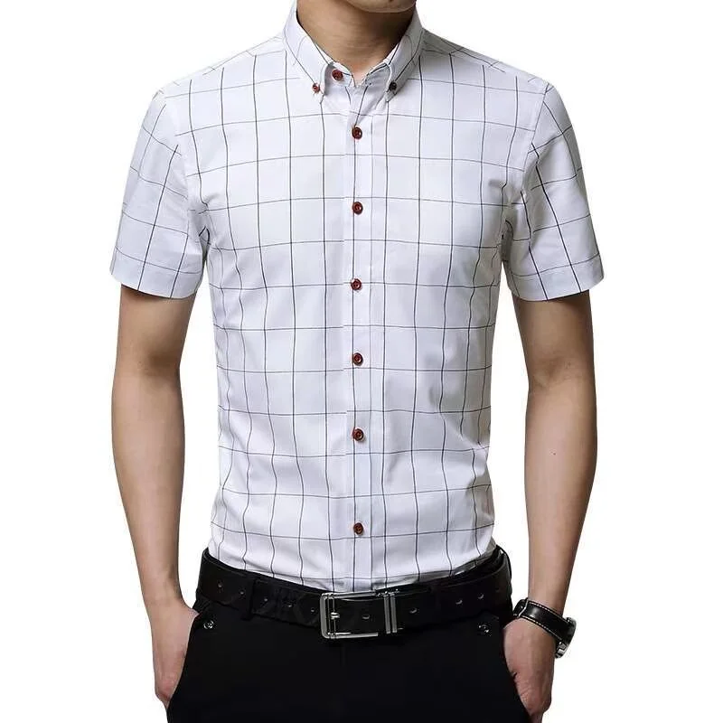 Men's Plaid Short Sleeve Shirt Slim Fit Summer New Youth Spring Thickened Casual Fashion Square Patterned Top