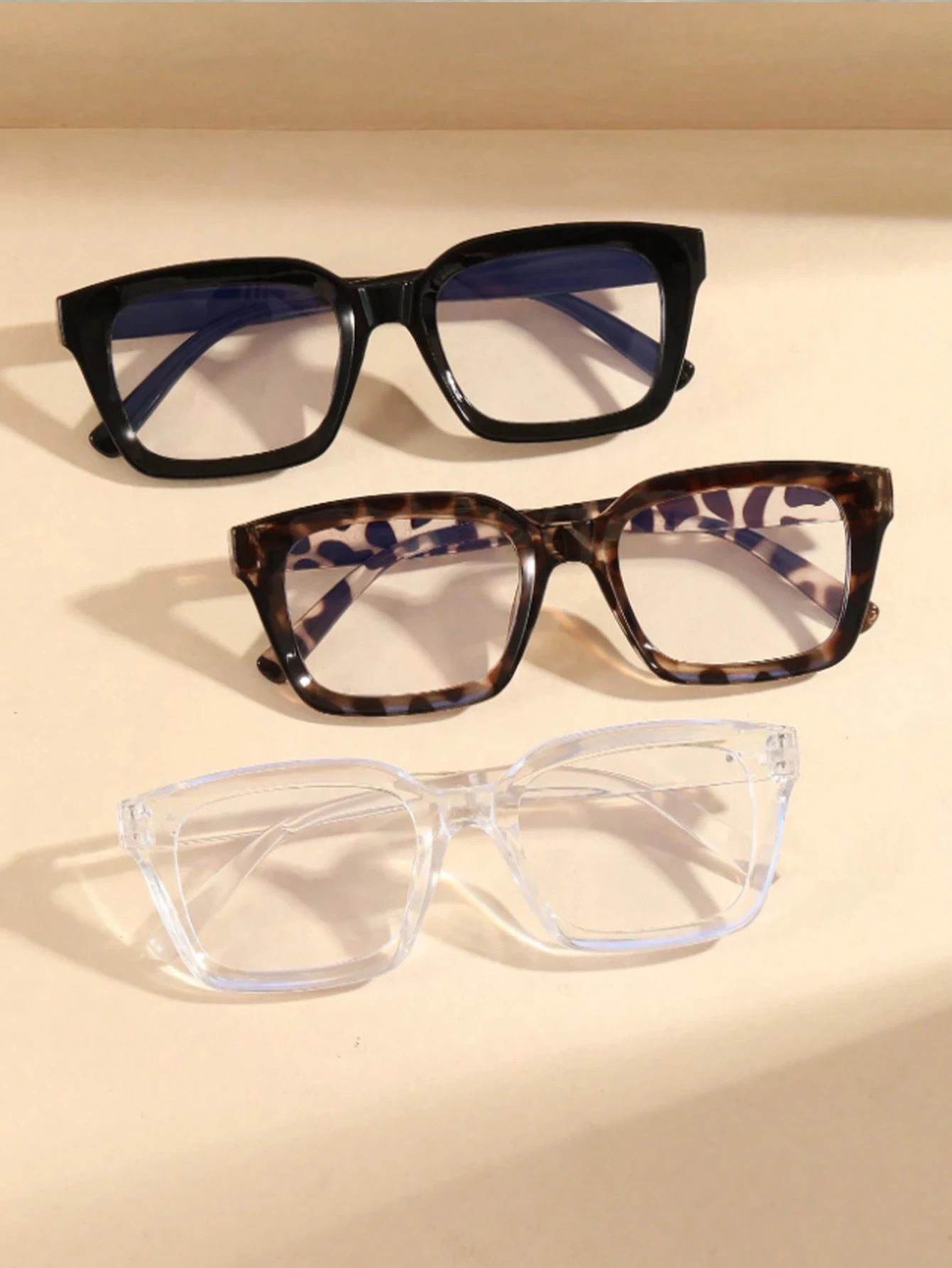 3Pcs New Large Square Frame Multi-Color Non-Prescription Glasses, Natural Look, Slimming Effect, Versatile for Commuting