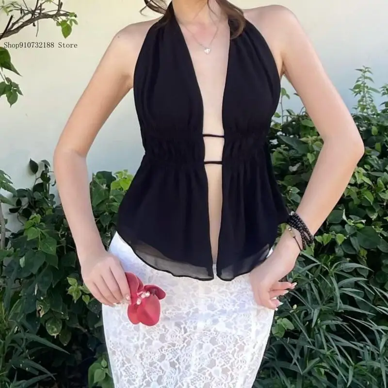 European and American Summer and Autumn Sexy pure Color Backless Strap Hollow Out Slim Fit Hanging Neck Tops for Women
