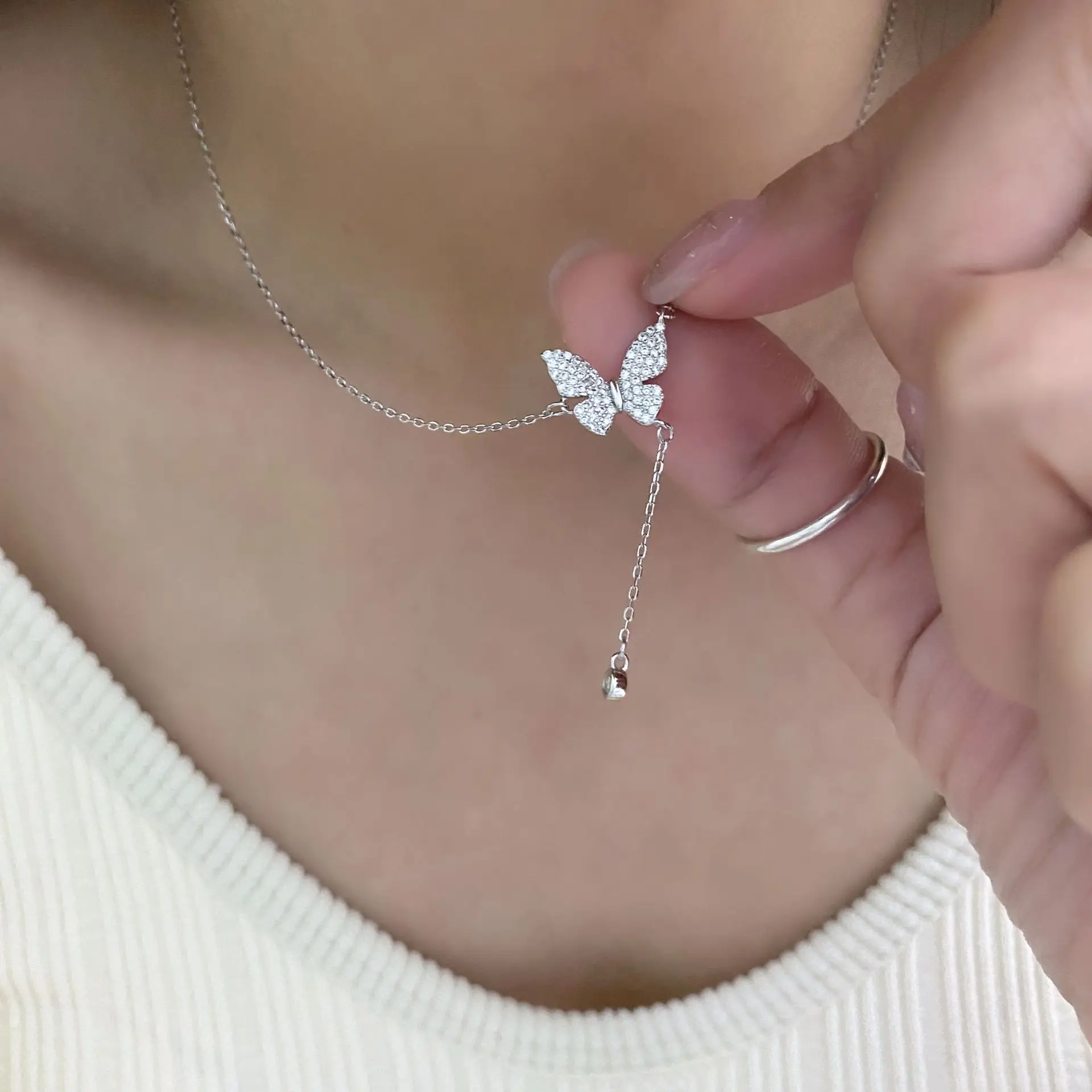 قلادة فراشة رائعة للنساء ، فضة إسترليني ، شرابة الزركون ، فاخرة خفيفة ، مجوهرات راقية