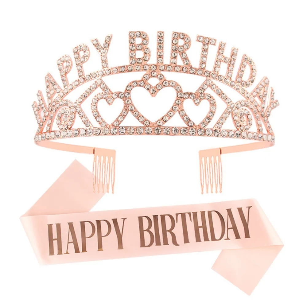 Alles Gute zum Geburtstag, Tiara und Schärpe, Roségold, glitzernde Satin-Schärpe und Stirnband für Mädchen und Frauen, alles Gute zum Geburtstag, Party-Dekorationen, Zubehör – Detail 6