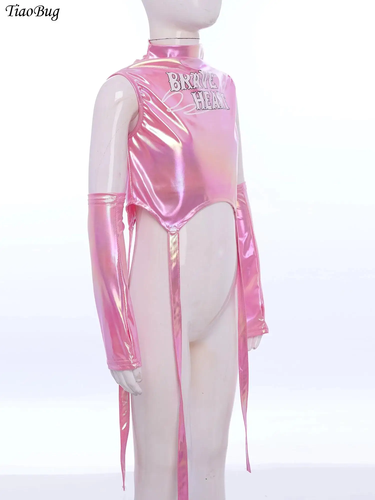 

Kids Girls Hip-Hop Jazz Dance Performance Costume Rhinestones Crew Neck Sleeveless Metallic Crop Top Snakeskin/Letter Print